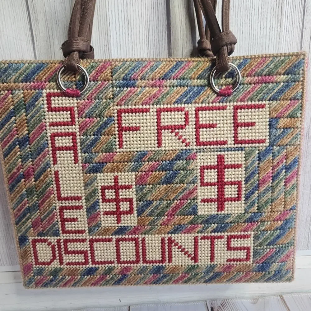 Vintage Handmade Kitschy Woven Yarn Crochet Plastic Tote, 13x10.5x3